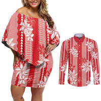 Hawaii Kakau Tribal Couples Matching Off Shoulder Short Dress and Long Sleeve Button Shirt With Red Tiare