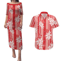 Hawaii Kakau Tribal Couples Matching Puletasi and Hawaiian Shirt With Red Tiare
