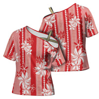 Hawaii Kakau Tribal Cross Shoulder Shirt With Red Tiare