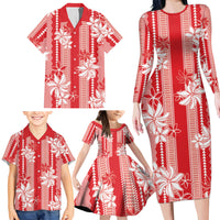 Hawaii Kakau Tribal Family Matching Long Sleeve Bodycon Dress and Hawaiian Shirt With Red Tiare
