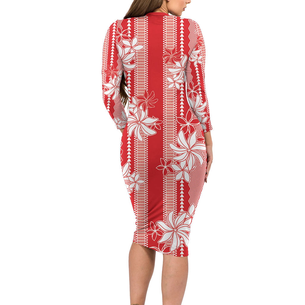Hawaii Kakau Tribal Family Matching Long Sleeve Bodycon Dress and Hawaiian Shirt With Red Tiare
