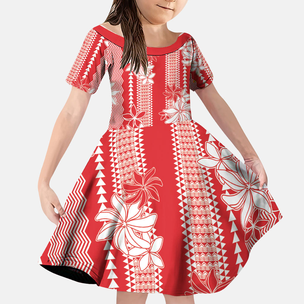 Hawaii Kakau Tribal Family Matching Off The Shoulder Long Sleeve Dress and Hawaiian Shirt With Red Tiare