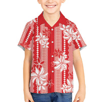 Hawaii Kakau Tribal Family Matching Off The Shoulder Long Sleeve Dress and Hawaiian Shirt With Red Tiare