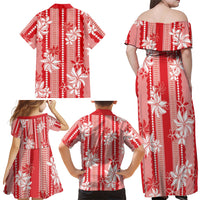 Hawaii Kakau Tribal Family Matching Off Shoulder Maxi Dress and Hawaiian Shirt With Red Tiare