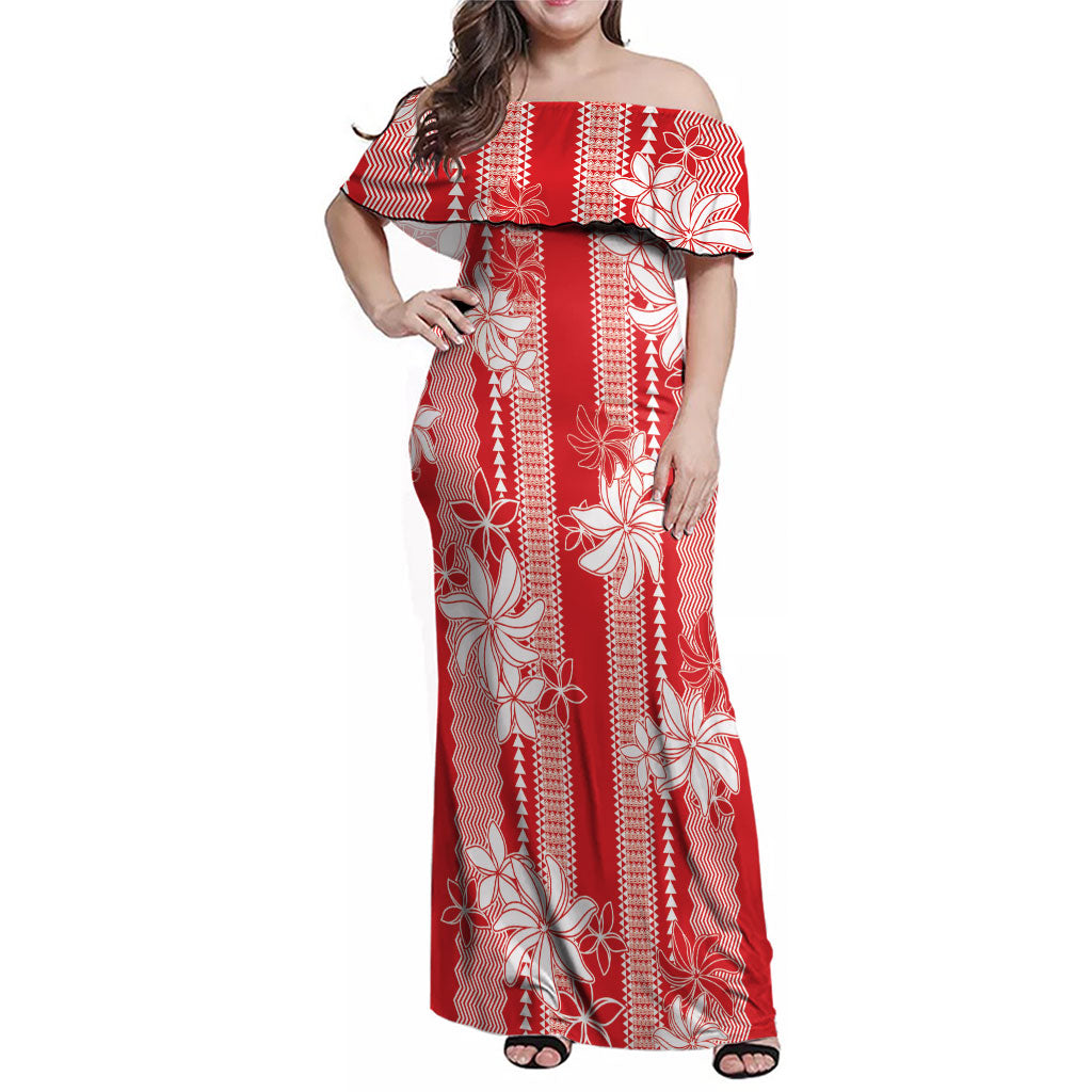 Hawaii Kakau Tribal Family Matching Off Shoulder Maxi Dress and Hawaiian Shirt With Red Tiare
