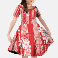 Hawaii Kakau Tribal Family Matching Short Sleeve Bodycon Dress and Hawaiian Shirt With Red Tiare