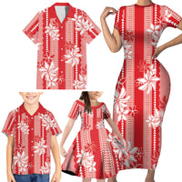 Hawaii Kakau Tribal Family Matching Short Sleeve Bodycon Dress and Hawaiian Shirt With Red Tiare