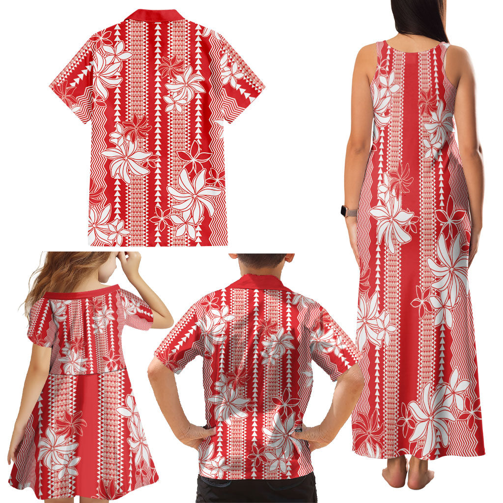 Hawaii Kakau Tribal Family Matching Tank Maxi Dress and Hawaiian Shirt With Red Tiare