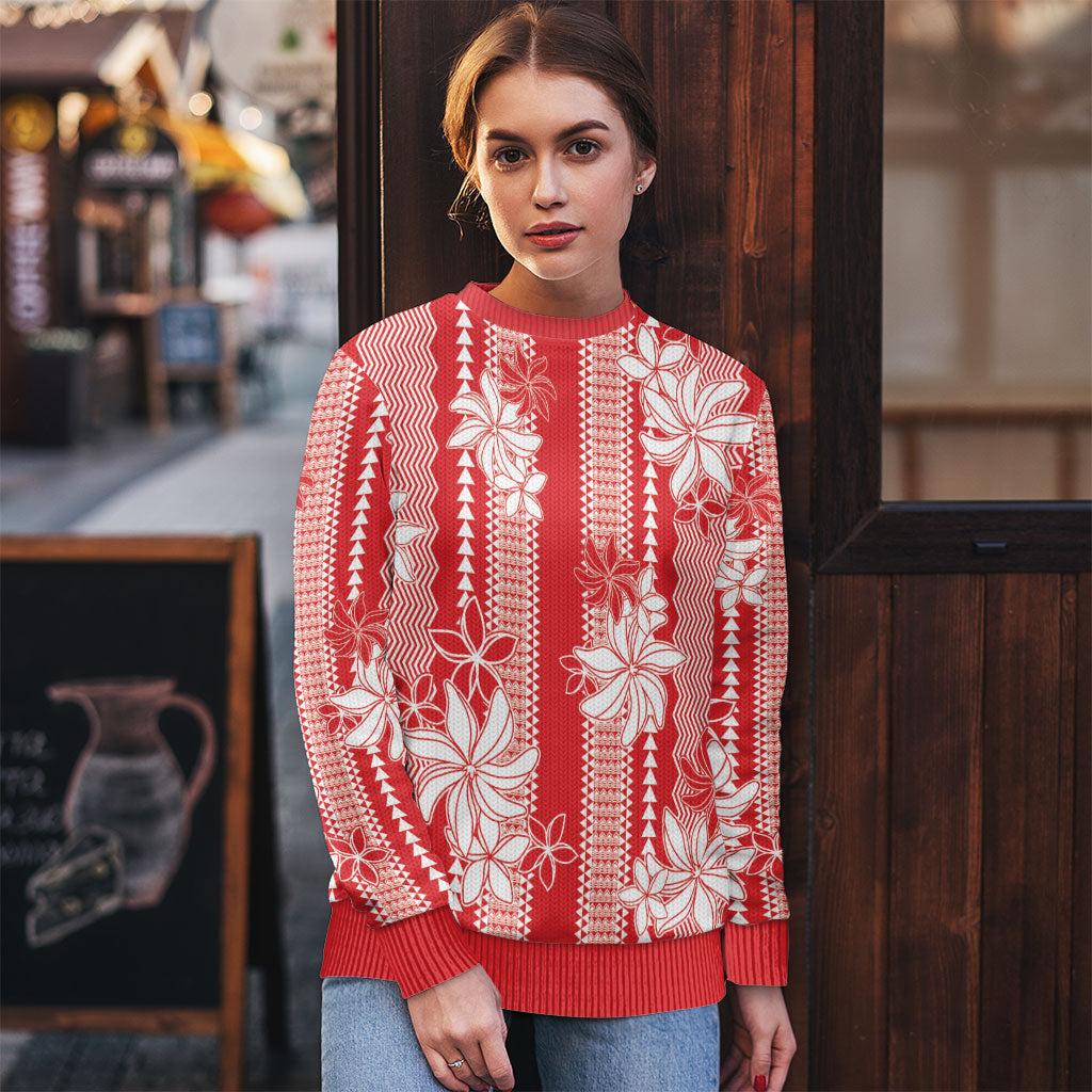 Hawaii Kakau Tribal Ugly Christmas Sweater With Red Tiare LT05 - Polynesian Pride