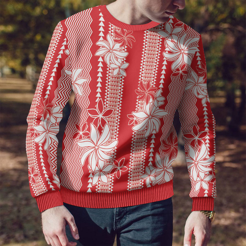 Hawaii Kakau Tribal Ugly Christmas Sweater With Red Tiare LT05 - Polynesian Pride