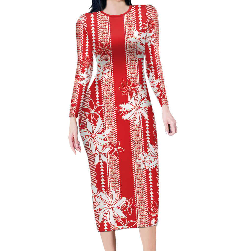 Hawaii Kakau Tribal Long Sleeve Bodycon Dress With Red Tiare