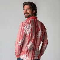 Hawaii Kakau Tribal Long Sleeve Polo Shirt With Red Tiare