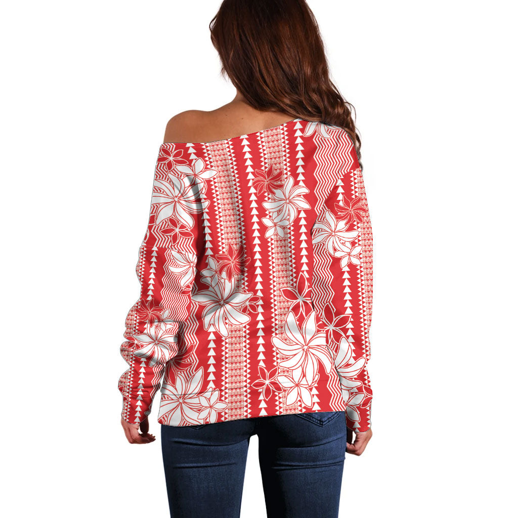 Hawaii Kakau Tribal Off Shoulder Sweater With Red Tiare