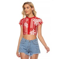 Hawaii Kakau Tribal Raglan Cropped T Shirt With Red Tiare