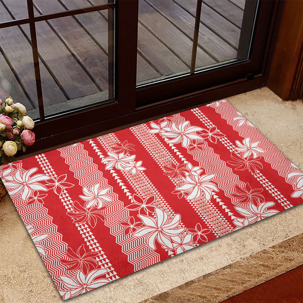 Hawaii Kakau Tribal Rubber Doormat With Red Tiare