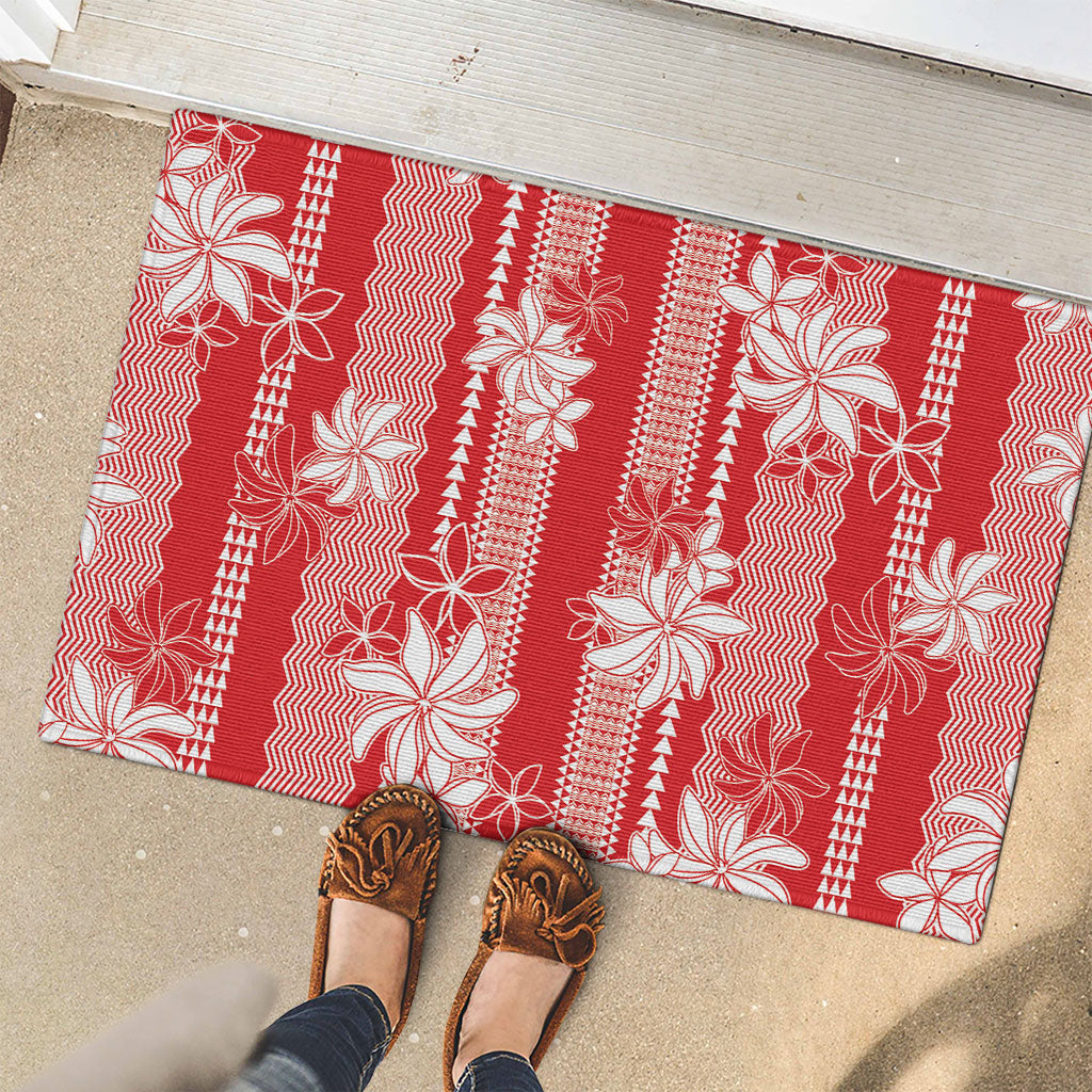 Hawaii Kakau Tribal Rubber Doormat With Red Tiare