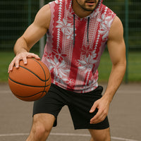 Hawaii Kakau Tribal Sleeveless Hoodie With Red Tiare