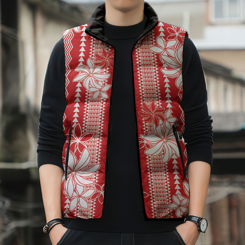 Hawaii Kakau Tribal Sleeveless Puffer Jacket With Red Tiare