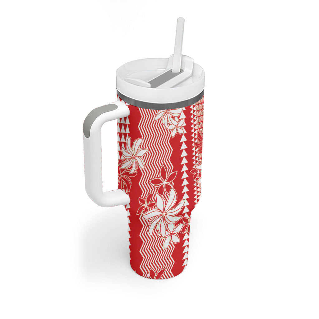 Hawaii Kakau Tribal Tumbler With Handle With Red Tiare