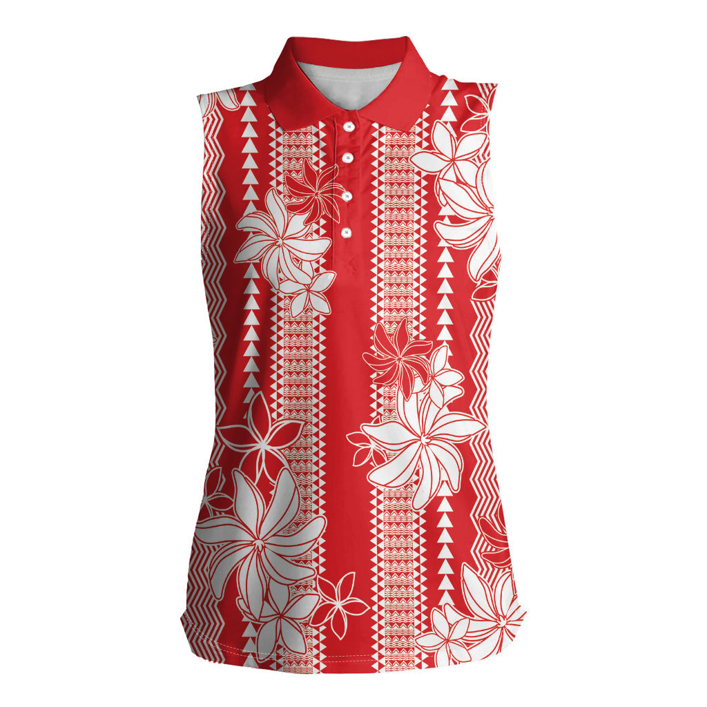 Hawaii Kakau Tribal Women Sleeveless Polo Shirt With Red Tiare