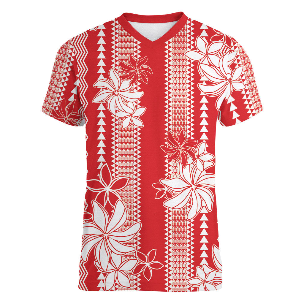 Hawaii Kakau Tribal Women V-Neck T-Shirt With Red Tiare