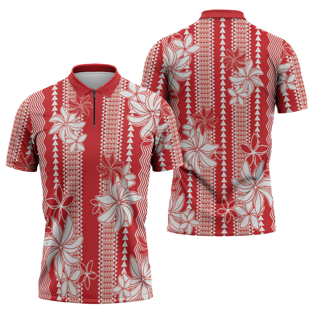 Hawaii Kakau Tribal Zipper Polo Shirt With Red Tiare