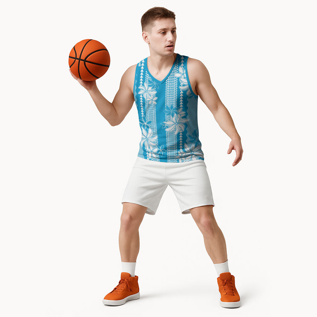 Hawaii Kakau Tribal Basketball Jersey With Blue Tiare