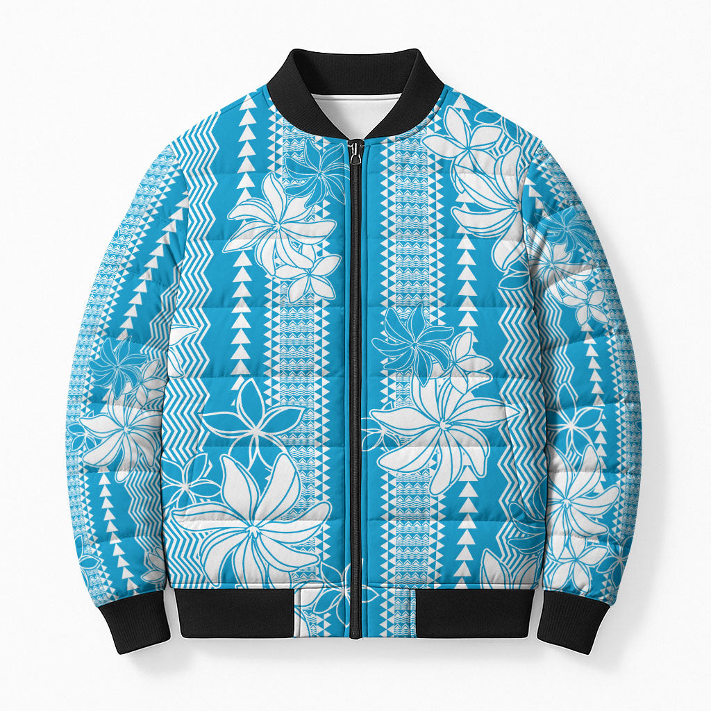 Hawaii Kakau Tribal Bomber Puffer Jacket With Blue Tiare