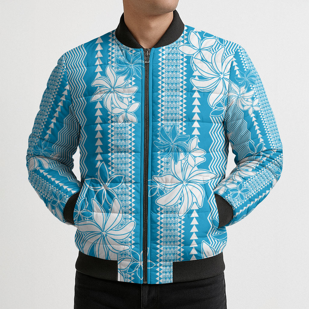 Hawaii Kakau Tribal Bomber Puffer Jacket With Blue Tiare