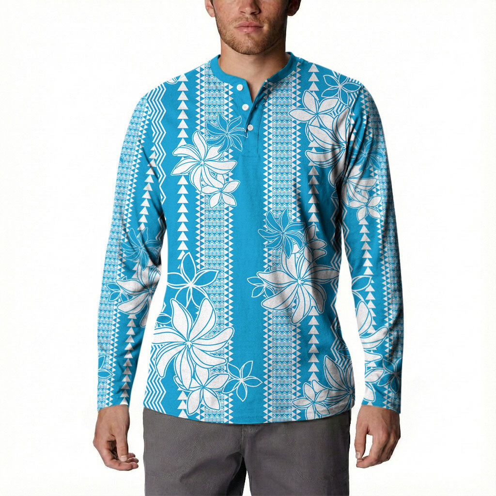 Hawaii Kakau Tribal Button Sweatshirt With Blue Tiare