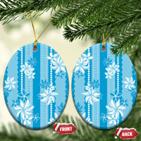 Hawaii Kakau Tribal Ceramic Ornament With Blue Tiare LT05 Oval Blue - Polynesian Pride