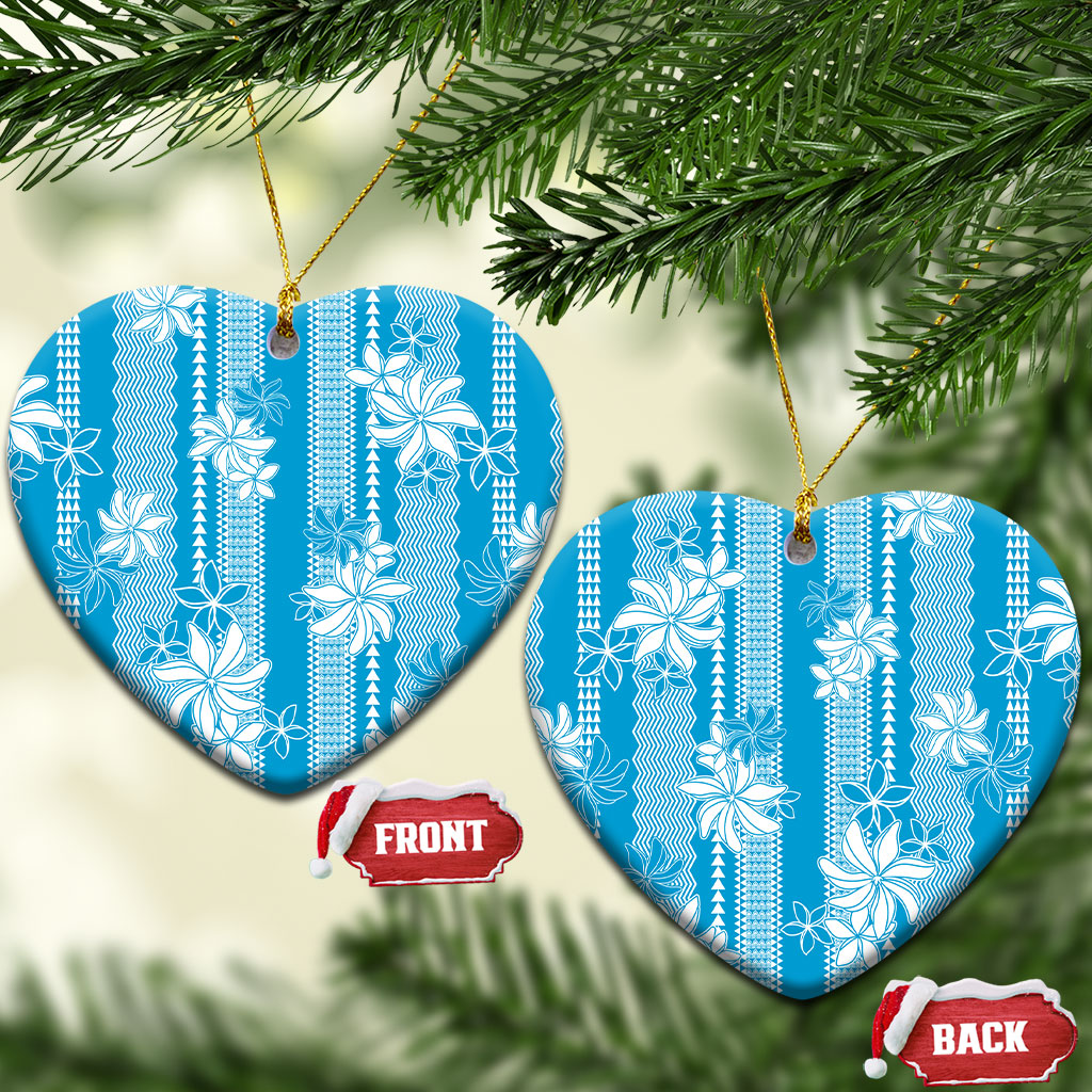 Hawaii Kakau Tribal Ceramic Ornament With Blue Tiare LT05 Heart Blue - Polynesian Pride