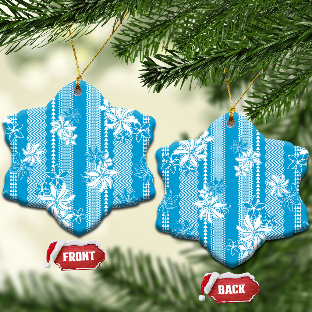 Hawaii Kakau Tribal Ceramic Ornament With Blue Tiare LT05 Snow Flake Blue - Polynesian Pride