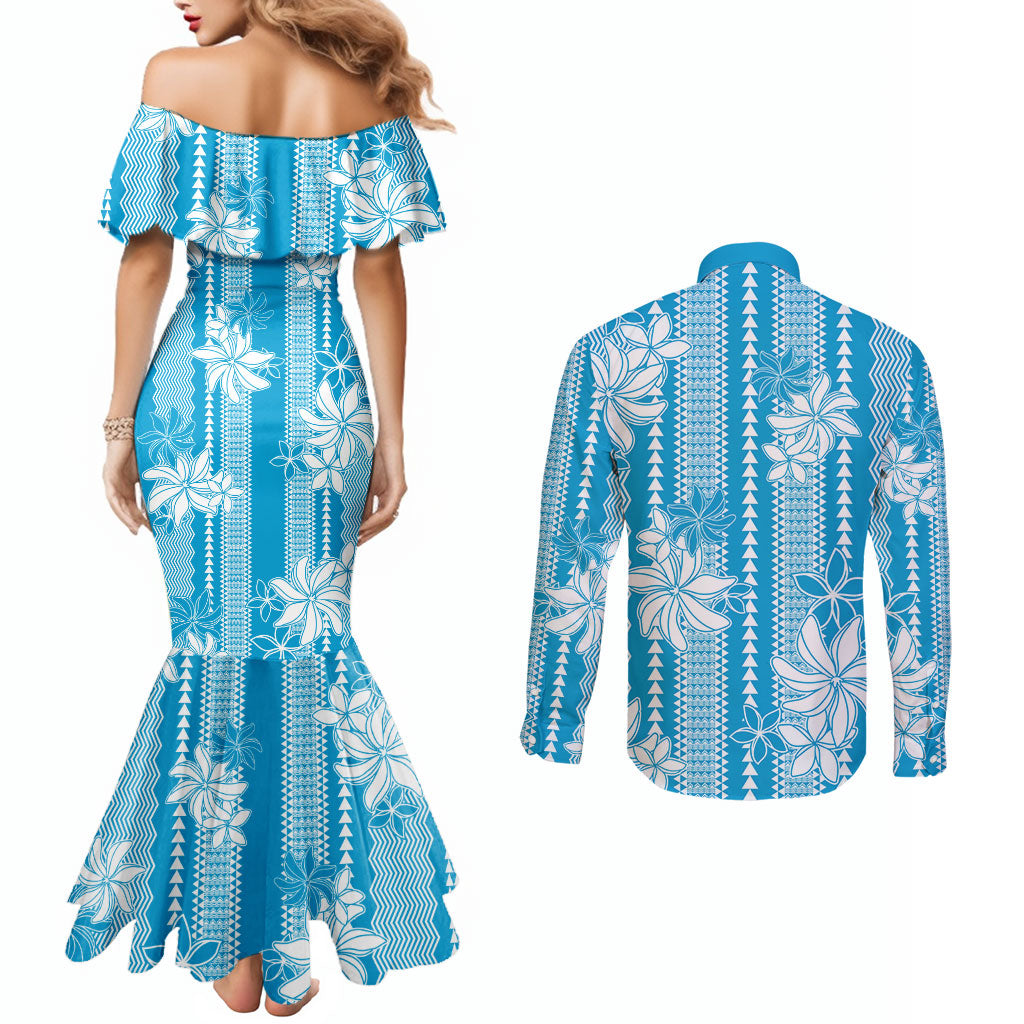 Hawaii Kakau Tribal Couples Matching Mermaid Dress and Long Sleeve Button Shirt With Blue Tiare