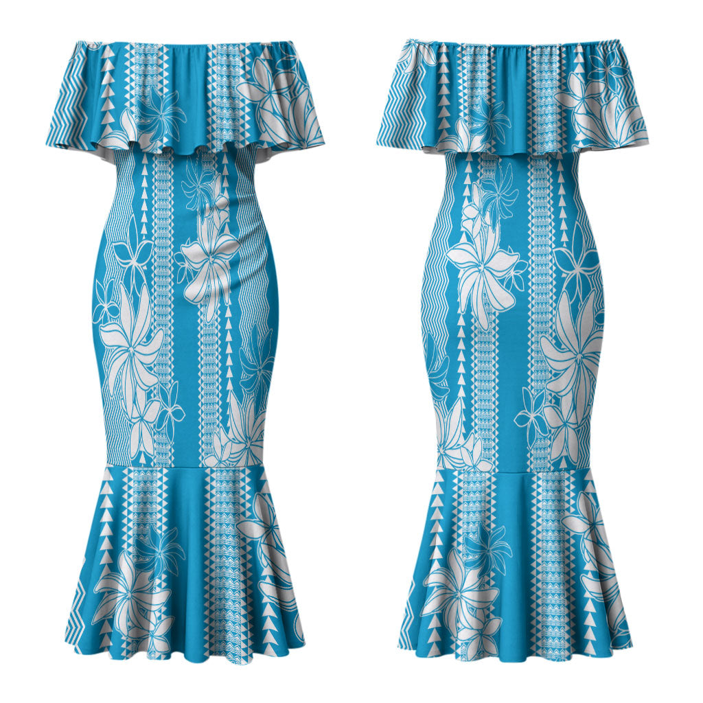 Hawaii Kakau Tribal Couples Matching Mermaid Dress and Long Sleeve Button Shirt With Blue Tiare LT05 - Polynesian Pride