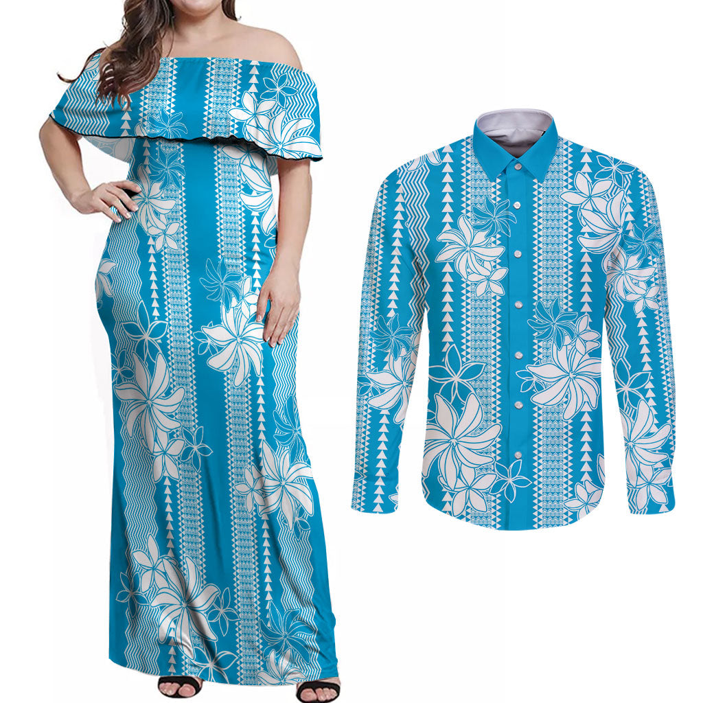 Hawaii Kakau Tribal Couples Matching Off Shoulder Maxi Dress and Long Sleeve Button Shirt With Blue Tiare
