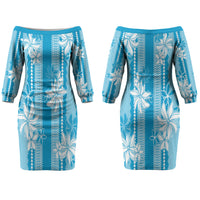Hawaii Kakau Tribal Couples Matching Off The Shoulder Long Sleeve Dress and Hawaiian Shirt With Blue Tiare LT05 - Polynesian Pride