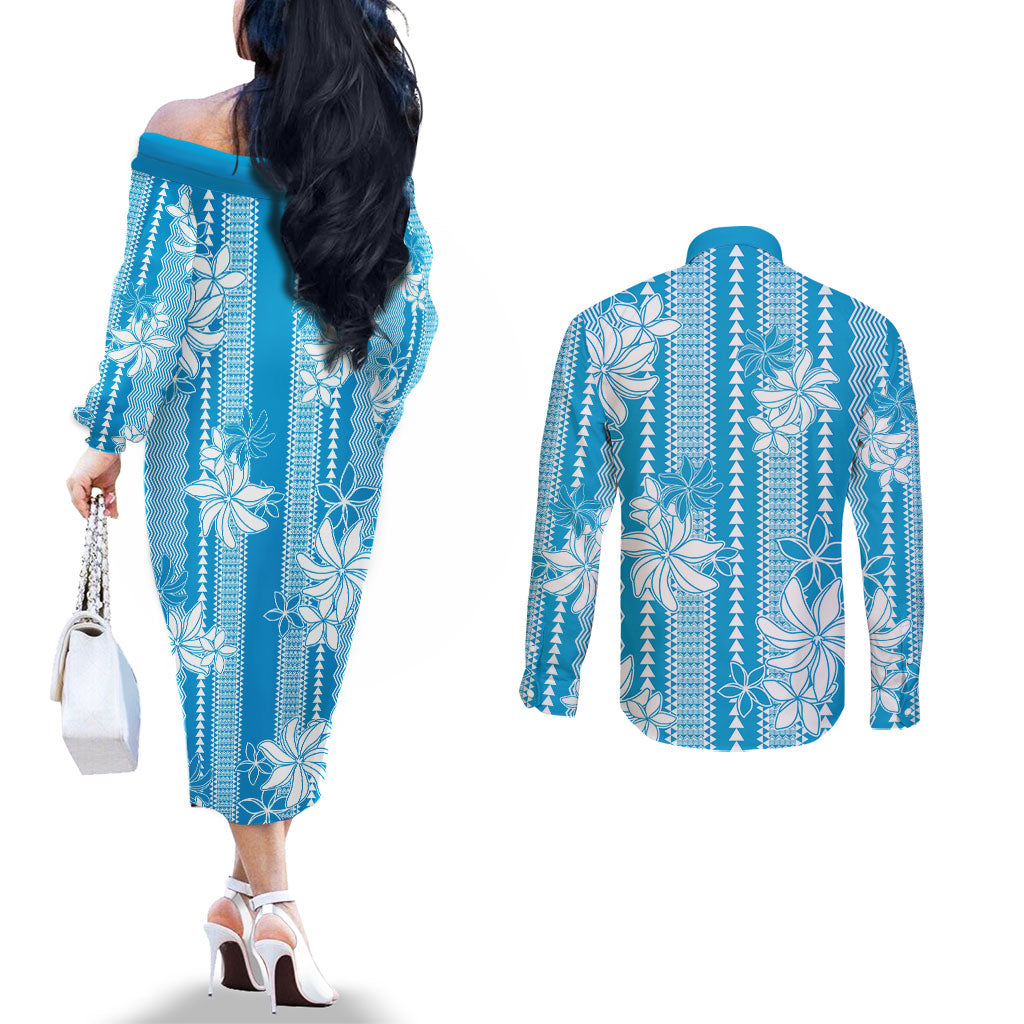 Hawaii Kakau Tribal Couples Matching Off The Shoulder Long Sleeve Dress and Long Sleeve Button Shirt With Blue Tiare