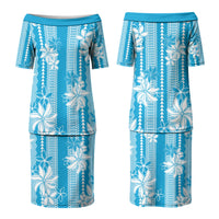 Hawaii Kakau Tribal Couples Matching Puletasi and Long Sleeve Button Shirt With Blue Tiare LT05 - Polynesian Pride