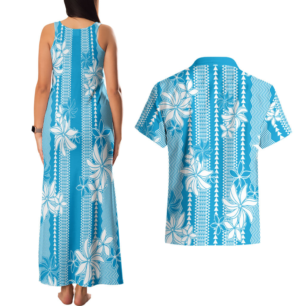 Hawaii Kakau Tribal Couples Matching Tank Maxi Dress and Hawaiian Shirt With Blue Tiare