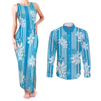Hawaii Kakau Tribal Couples Matching Tank Maxi Dress and Long Sleeve Button Shirt With Blue Tiare