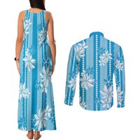 Hawaii Kakau Tribal Couples Matching Tank Maxi Dress and Long Sleeve Button Shirt With Blue Tiare