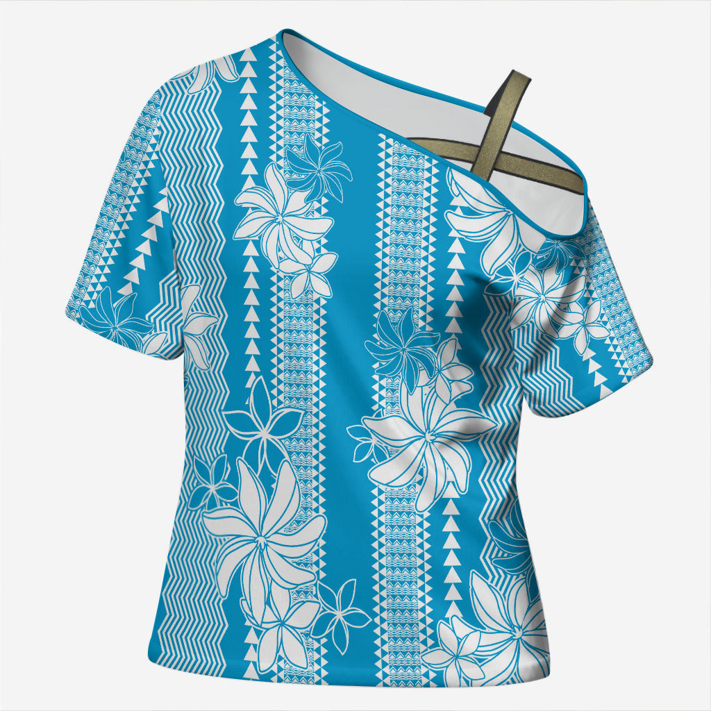 Hawaii Kakau Tribal Cross Shoulder Shirt With Blue Tiare