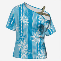 Hawaii Kakau Tribal Cross Shoulder Shirt With Blue Tiare
