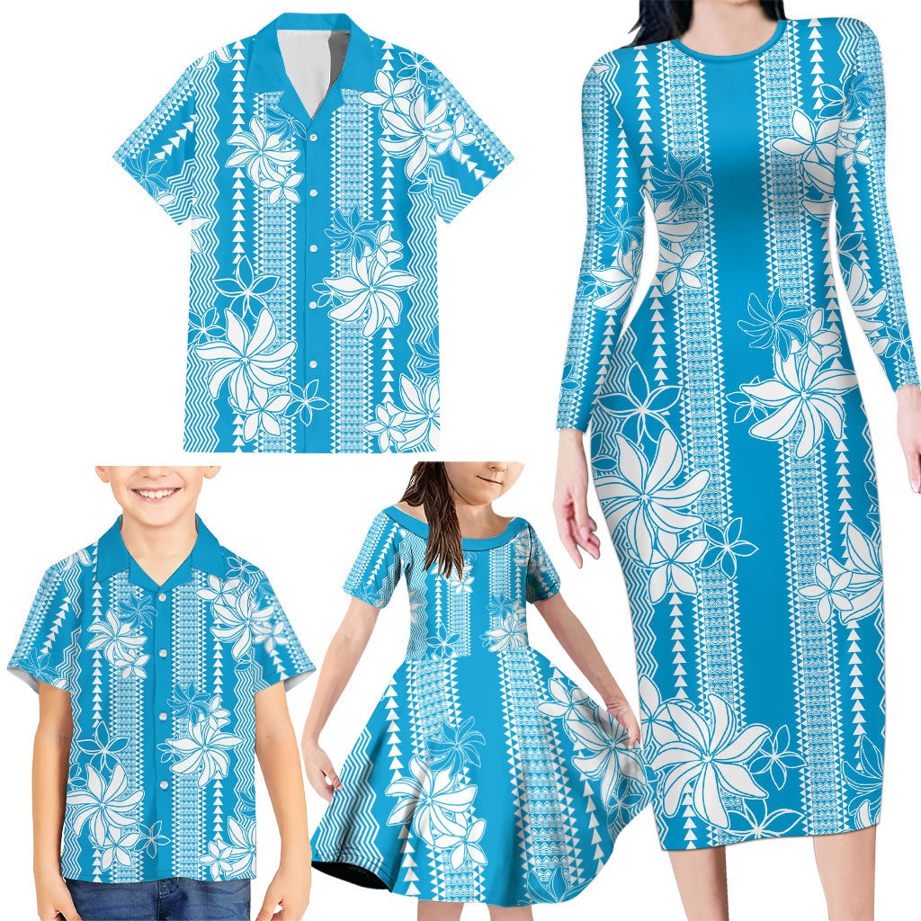 Hawaii Kakau Tribal Family Matching Long Sleeve Bodycon Dress and Hawaiian Shirt With Blue Tiare