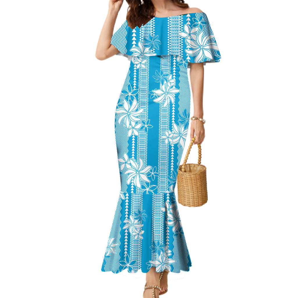 Hawaii Kakau Tribal Family Matching Mermaid Dress and Hawaiian Shirt With Blue Tiare