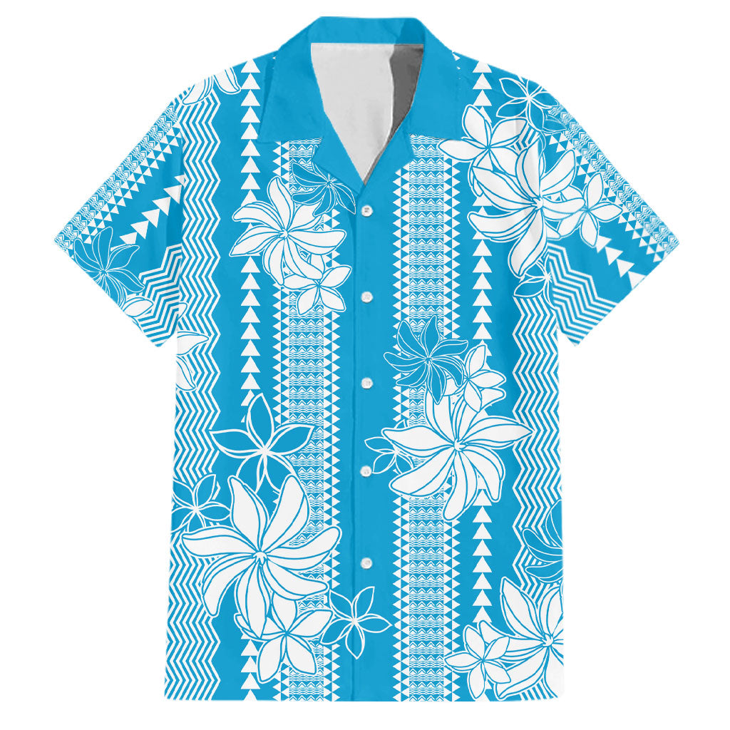 Hawaii Kakau Tribal Family Matching Off Shoulder Short Dress and Hawaiian Shirt With Blue Tiare