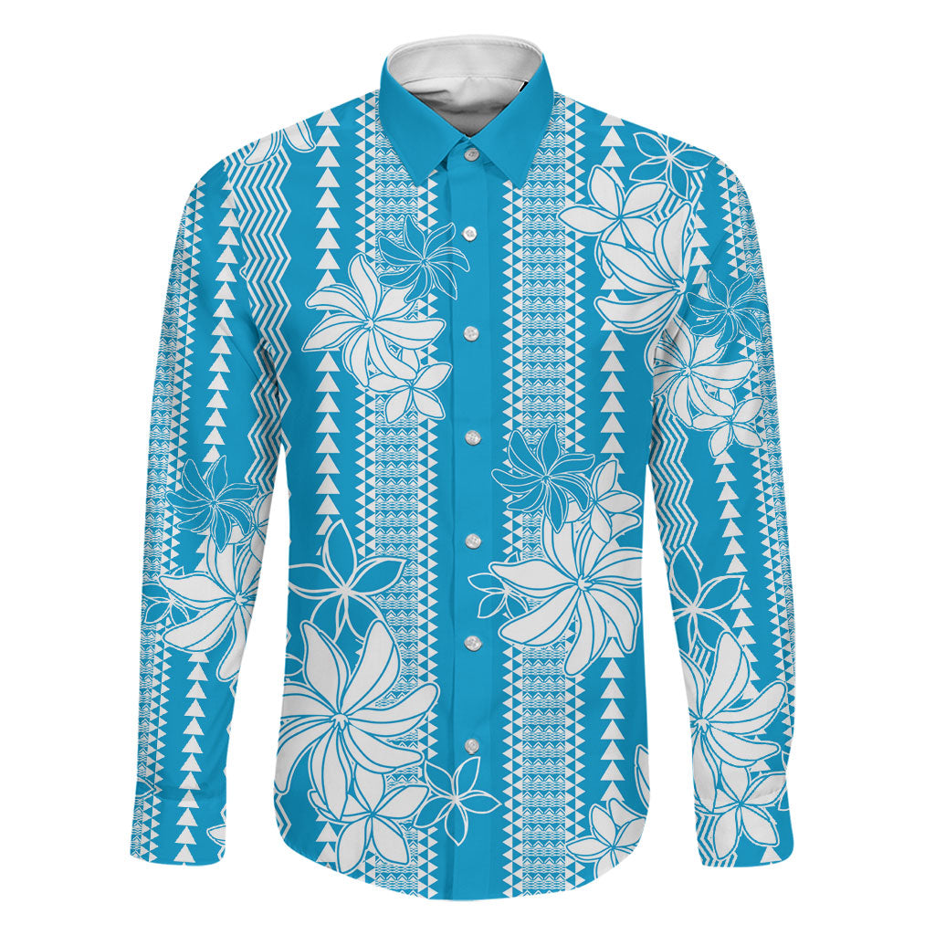 Hawaii Kakau Tribal Family Matching Off Shoulder Short Dress and Hawaiian Shirt With Blue Tiare