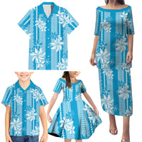 Hawaii Kakau Tribal Family Matching Puletasi and Hawaiian Shirt With Blue Tiare