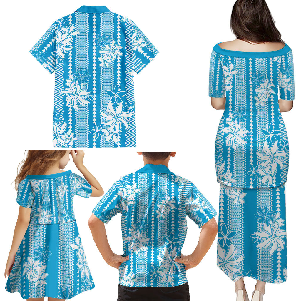 Hawaii Kakau Tribal Family Matching Puletasi and Hawaiian Shirt With Blue Tiare